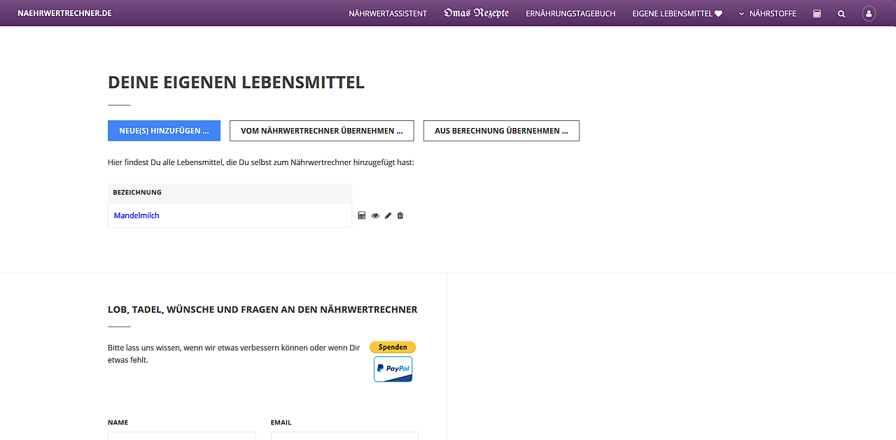 Die Seite "Eigene Lebensmittel" nach dem Hinzufügen des selbst eingetragenen Lebensmittels "Mandelmilch"